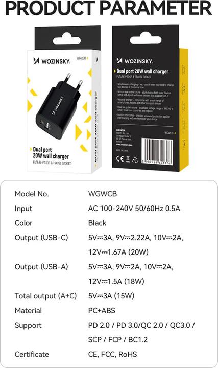 Actual product image Wozinsky WGWCB USB-A USB-C 20W wall charger - black (20 W)