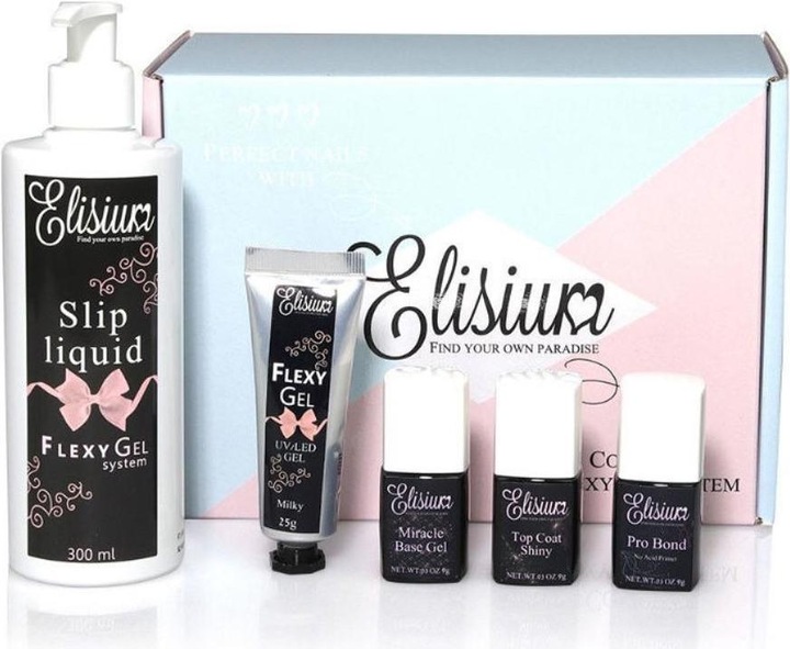 Actual product image Elisium Pro Bond + Miracle Base Gel + FlexyGel Milky & Slip Liquid + Top Coat Shiny hybrid starter kit
