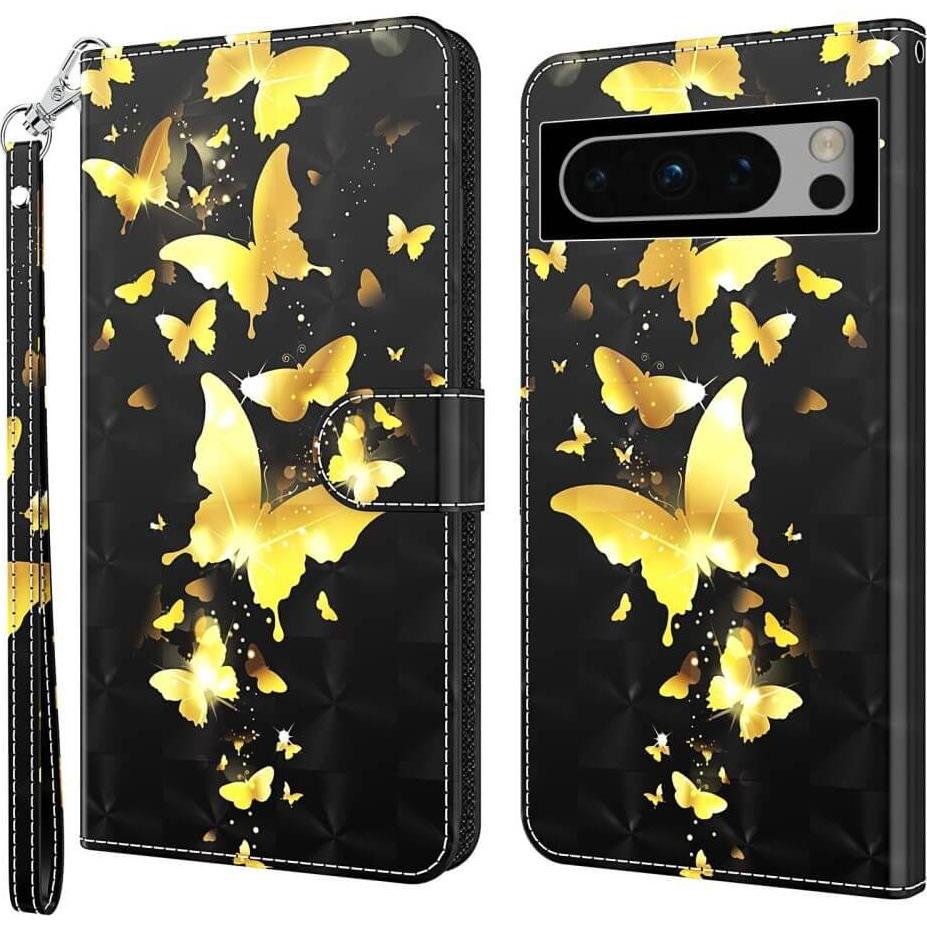 Cover-Discount Google Pixel 8 - Etui Glitzer Effekt Schmetterling gold (Google Pixel 8), Smartphone Hülle, Gold