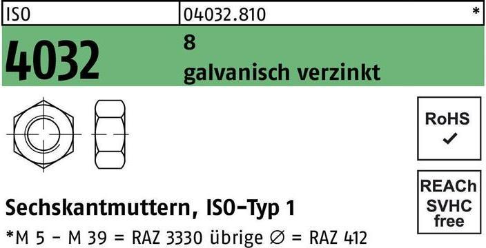 Produktbild Bufab Sechskantmutter ISO 4032 M 22 8 galvanisch verzinkt (M22)