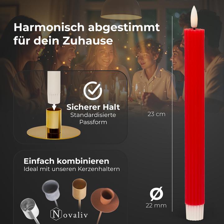 Actual product image Novaliv Stabkerzen LED mit Timer ROT 2er indoor mit 6 Stunden Timer - ECHTWACHS gerippt 23cm Höhe für Kerzen (2 x)