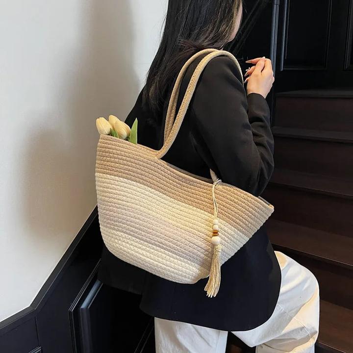 Immagine prodotto Only-Bags.Store Baumwollseil gewebtes Design Umhängetaschen gestreift grosse Kapazität Sommer Strand Shopper mit