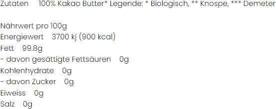 Nutritional values and ingredients vegalife Organic cocoa butter (150 g)