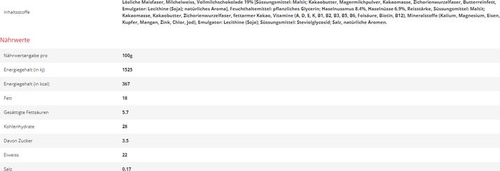 Nährwerte und Zutaten YFood Hazelnut & Chocolate (Haselnuss, Schokolade, 12 Stk., 720 g)