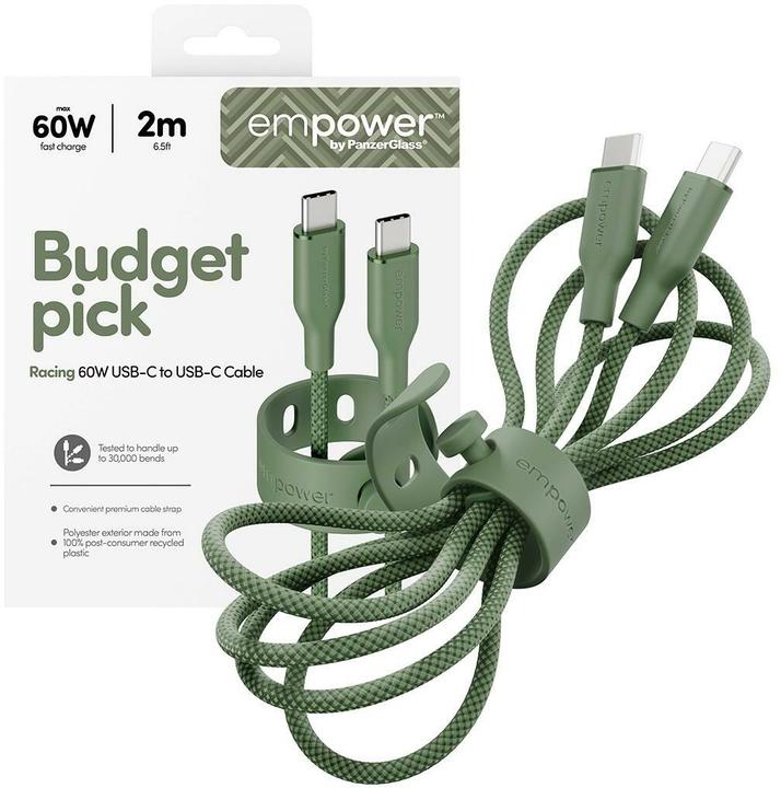 Actual product image PanzerGlass empower™ by ® Racing 60W USB-C to USB-C Cable | USB 2.0 | 2M | Sage (2 m, USB 2.0, 60 W)