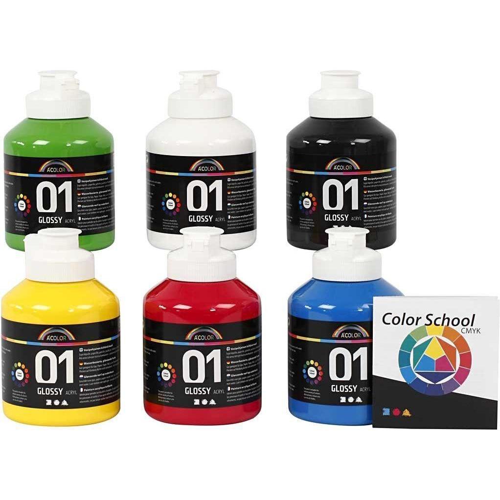 Creativ Company, Künstlerfarbe + Bastelfarbe, A-Color - Acrylfarbe - Glänzend - (6 x 500 ml) (Primärfarben, 3000 ml)