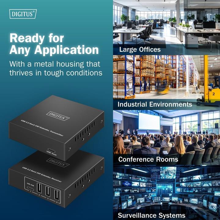 Actual product image Digitus USB 3.2 Gen1 CAT Extender, 5 Gbps, 4 ports: 3x USB-A / 1x USB-C, 100m