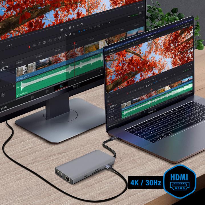 Image du produit Akashi Hub USB-C : USB, HDMI, VGA, Ethernet, microSD (USB-C, 9 ports)