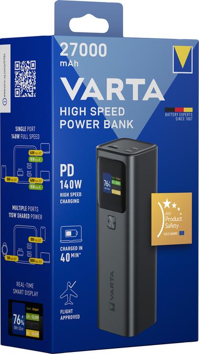 Productafbeelding Varta Powerbank High Speed, 27000mAh, 140W, QC + PD, Black (27000 mAh, 140 W)
