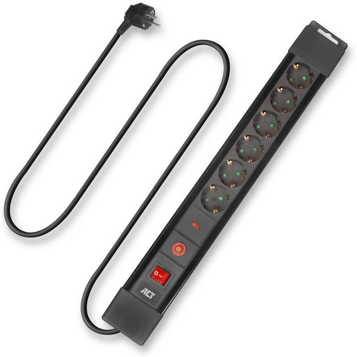 Actual product image ACT Power strip with surge protection and illuminated switch, 6 sockets, 1.5 m, black (6x, CEE 7/3, 1.50 m)
