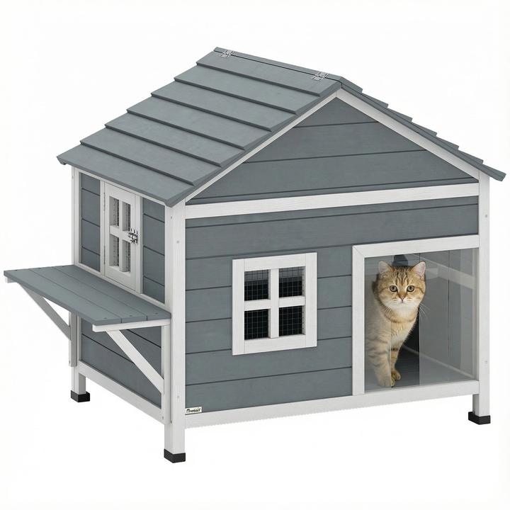 PawHut Katzenhaus Tannenholz, PS Grau