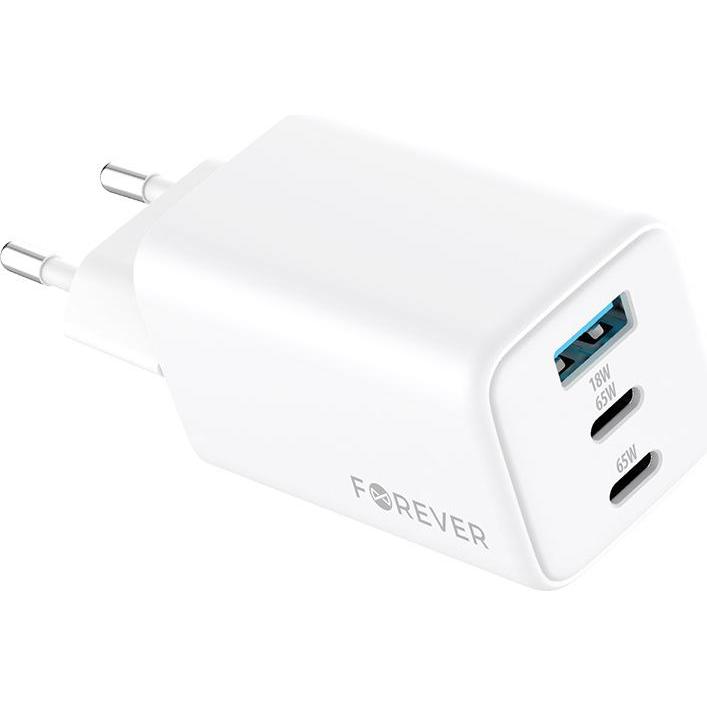 Forever TC-08-65ACC GaN PD QC charger 2x USB-C 1x USB 65W white (65 W), USB Ladegerät, Weiss