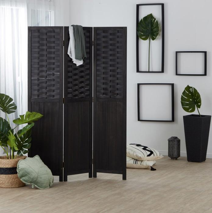 Actual product image Homestyle4u Paravent Room Divider 3 Parts Wood Partition Wall Rattan Optics Privacy Screen Black
