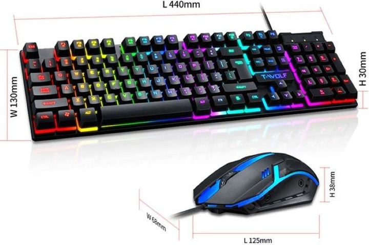 Actual product image T-Wolf TF200 PC Gaming Keyboard Mechanical Buttons + Gaming Mouse Set with LED Black (Cable)