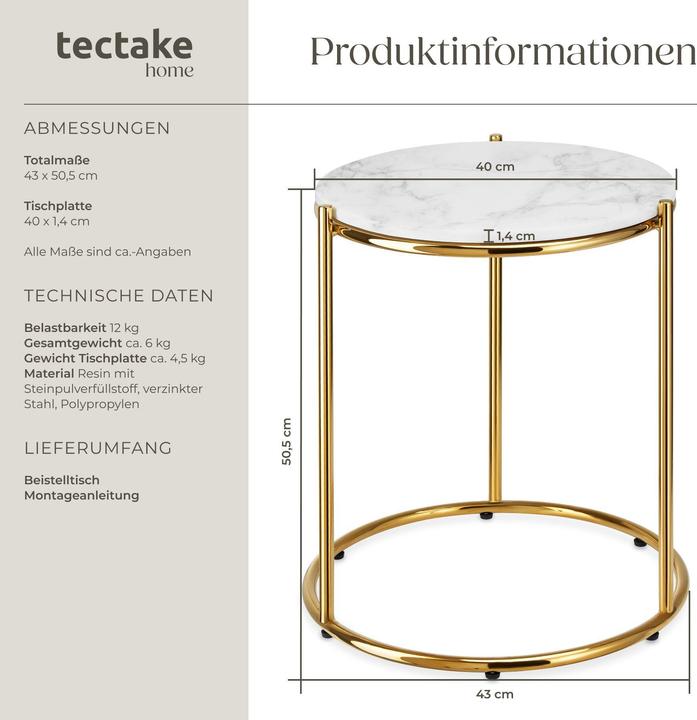 Image du produit tectake Table d'appoint Ellsa, plateau en marbre, structure en acier