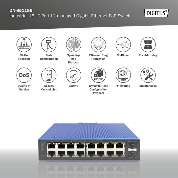 Image du produit Digitus Industrial 8+2-Port L2 managed Gigabit Ethernet PoE Switch (18 ports)