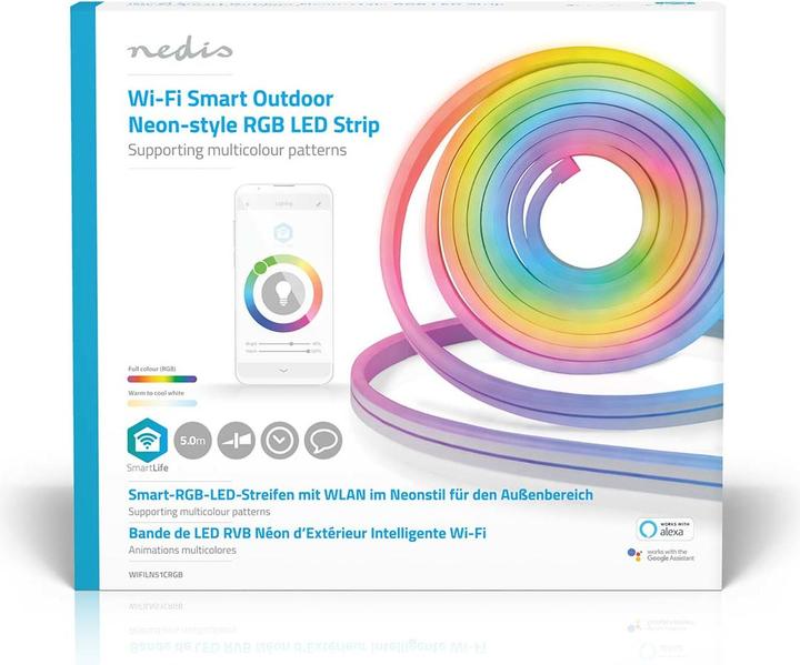 Image du produit Nedis WIFILN51CRGB Smart Full Color LED pásek Wi-Fi | Více barev | 5000 mm | IP65 | 960 lm, F (Multicolore, 500 cm, Extérieur, Intérieur)