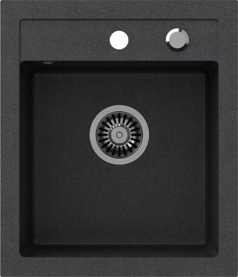 Steiner JOHNNY 100 Lavello in granito nero Steingran a 1 vasca senza (43x50x20), con sifone e tappo, inox s (Lavello montato, 50 cm)