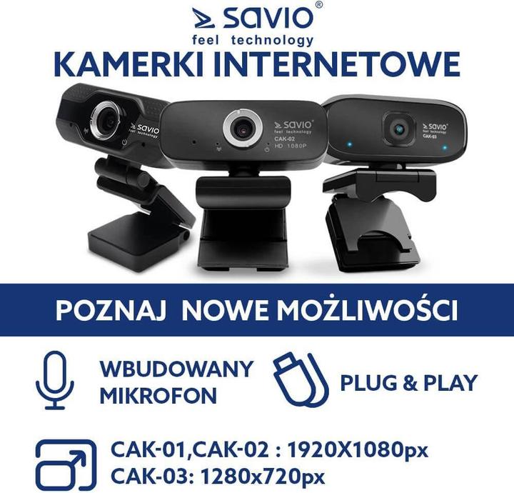 Actual product image Savio Elmak USB HD CAK-03 webcam with microphone, 1280x720 (2 Mpx)