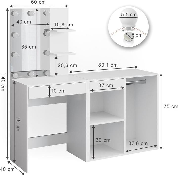 Produktbild Vicco Isabelle mit LED Beleuchtung und Schrank (140 x 40 x 140 cm)