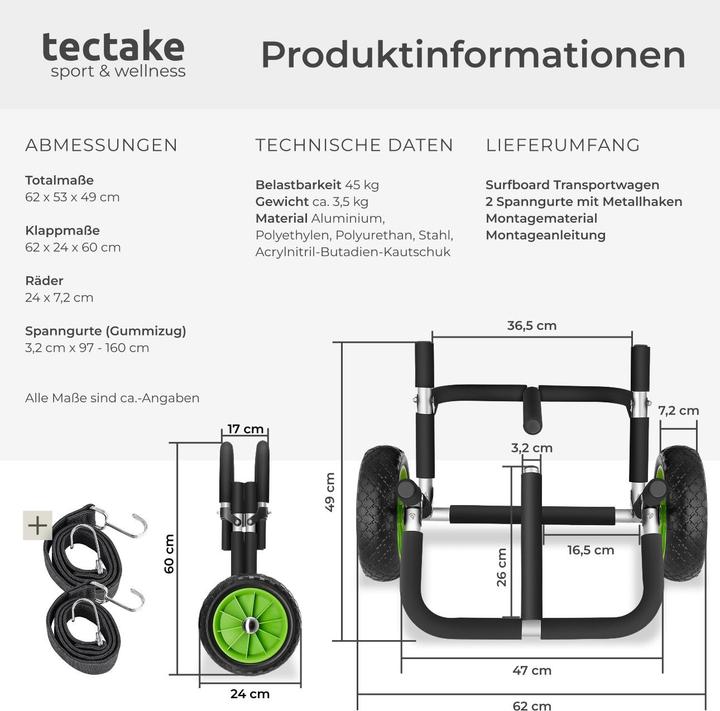 Image du produit tectake Chariot de transport pour planche de surf WaveWheel, pliable, pour 2 planches