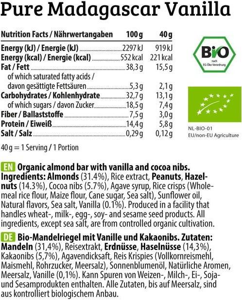 Nutritional values and ingredients HEJ Nutrition Bite (Almonds & Sea Salt, 1 pcs., 40 g)