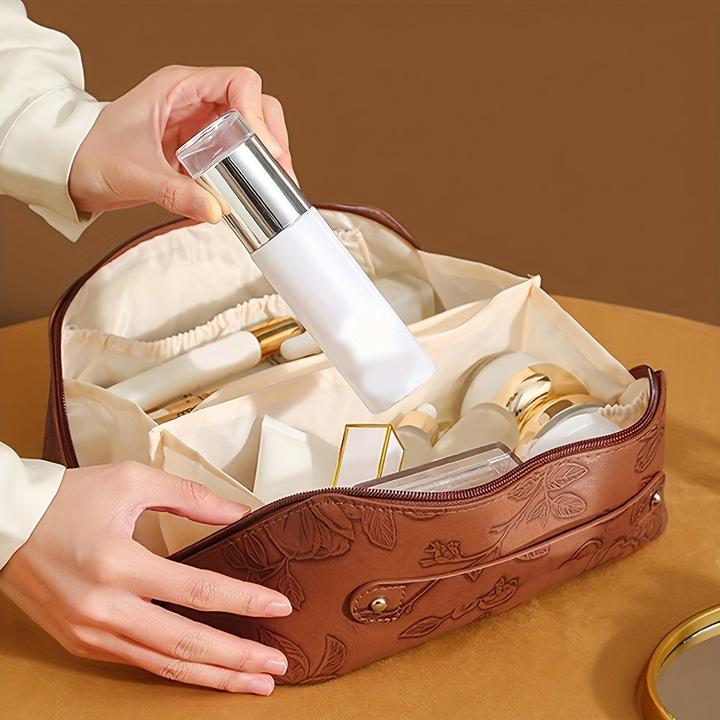 Actual product image Only-Bags.Store Vintage geprägte PU-Makeup-Tasche - grosse Kapazität Reise Kosmetik-Organizer mit Blumenmuster