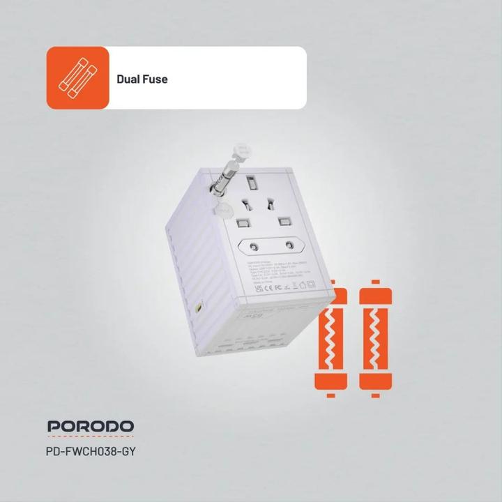 Produktbild Porodo PD65W Universal Travel Adapter Ladegerät - Weiss (65 W, 5 Ports)