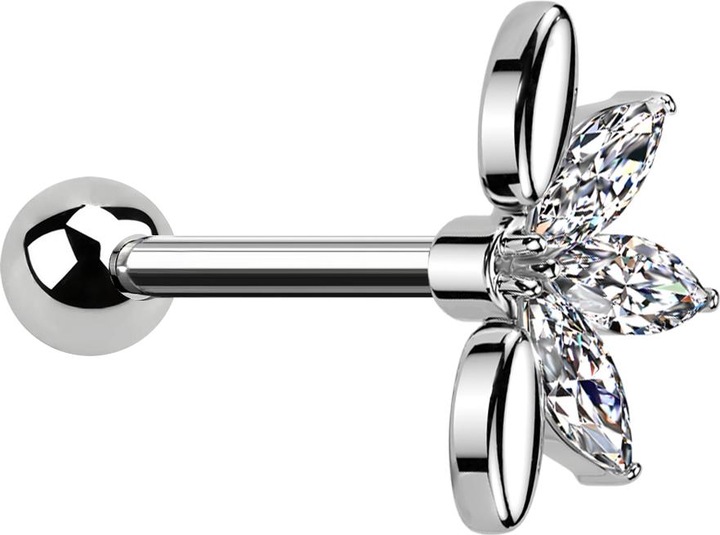 Produktbild Star Piercing Micro Barbell silber mit Kugel und Fächer silber drei ovale Kristalle silber (Chirurgenstahl 316L, Messing)