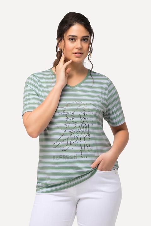 Produktbild Ulla Popken T-Shirt, Ringel, Metallic-Tiermotiv, V-Ausschnitt, Halbarm (42, 44)