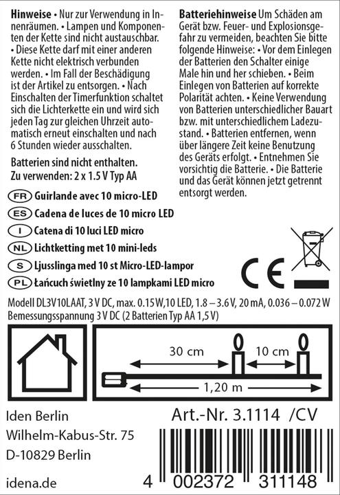 Produktbild Idena Micro Lichterkette 10LED, warmweiss,6h-Timer (1.20 m)