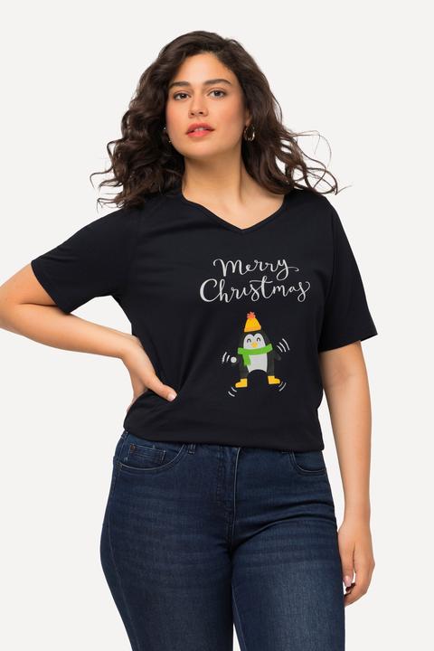 Immagine prodotto Ulla Popken Maglia natalizia dal taglio svasato con pinguino, scollo a V e mezze maniche (46, 48)