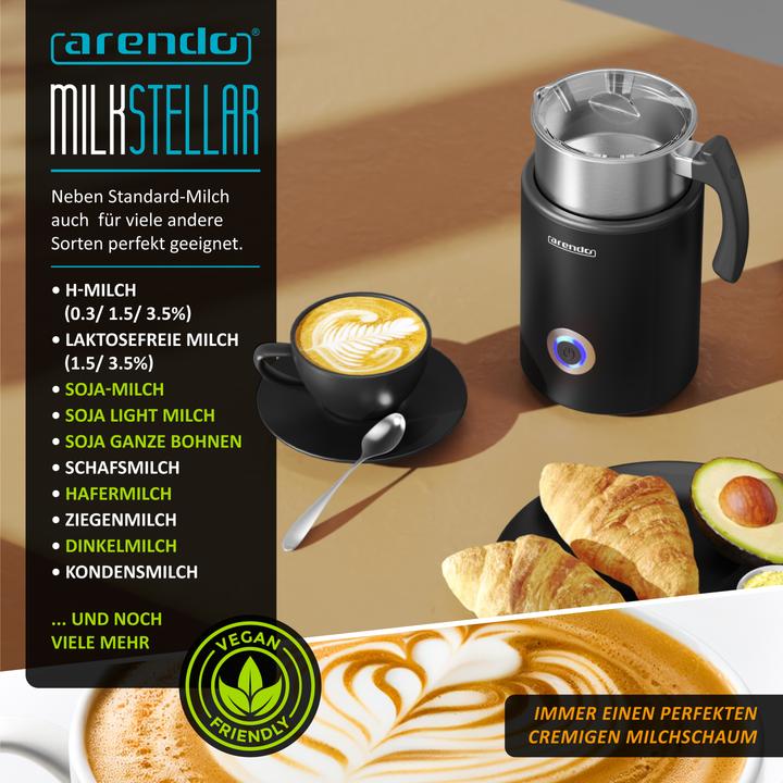 Produktbild Arendo Milchaufschäumer 3in1 Induktion, warm & kalt Schaum, 400 ml, Edelstahl, Latte Art, Milk, 500 W (500 ml)