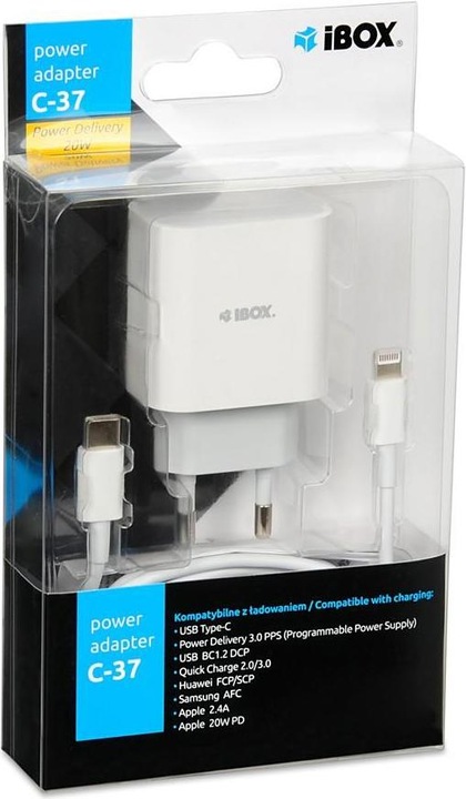 Actual product image iBox C-37 USB-C PD20W WALL CHARGER USB-C TO LIGHTNING CABLE (20 W)
