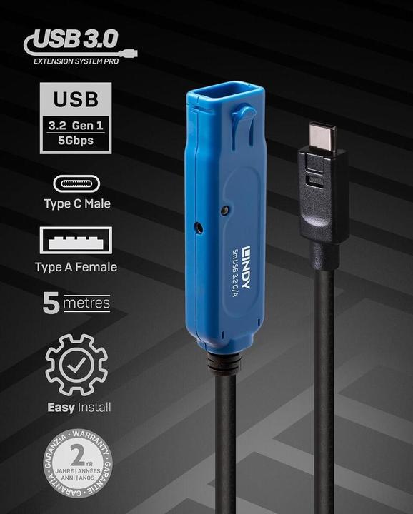 Actual product image Lindy 5m USB 3.2 Gen 1 C/A Active Extension Pro (5 m, USB 3.2 Gen 1)