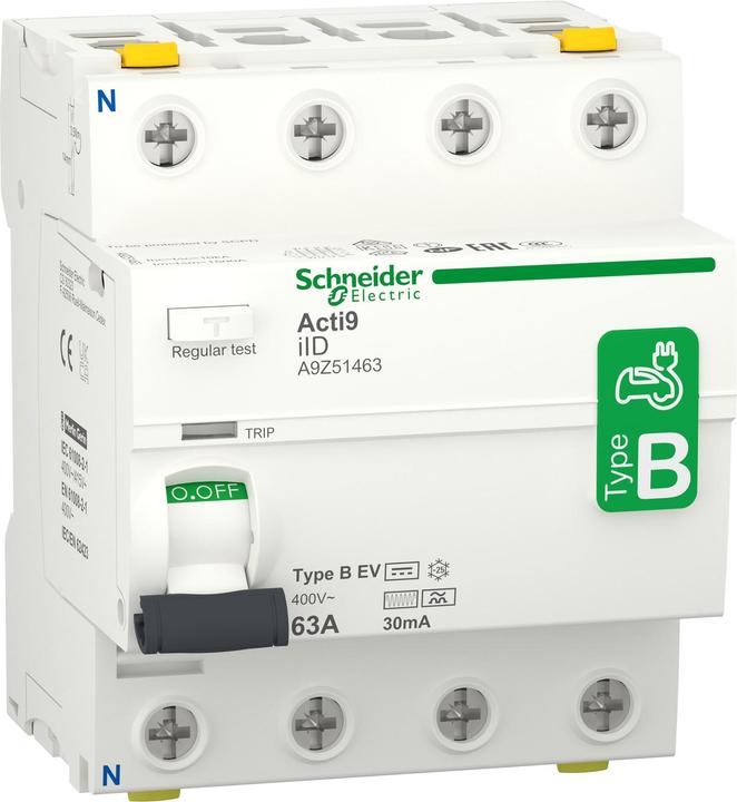 Productafbeelding Schneider Electric RCD IID 4P 63A 30mA TYPE B-EV (A9Z51463)