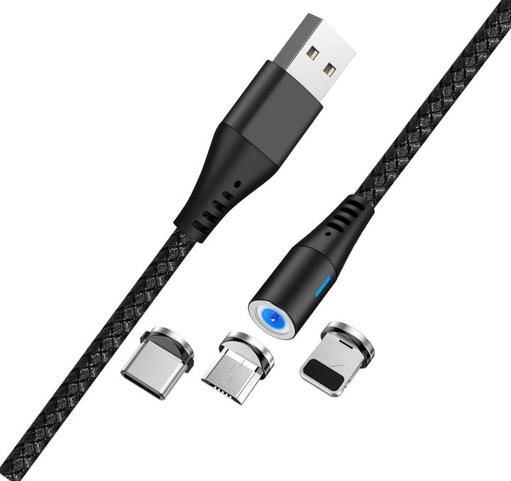 Produktbild Maxlife MXUC-02 magnetisches Kabel USB - Lightning + USB-C + microUSB 1,0 m 2A schwarzes Nylon (1 m, 10 W)