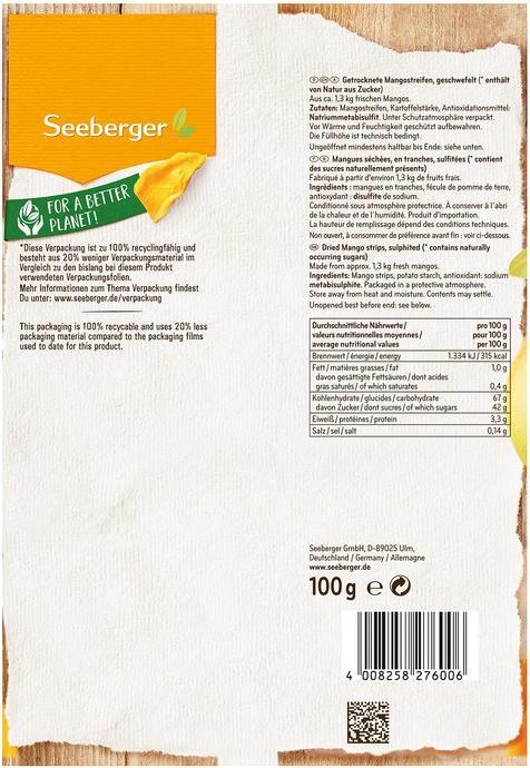 Nährwerte und Zutaten Seeberger Mango (100 g)