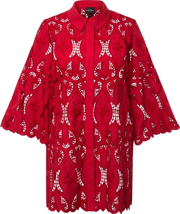Image du produit Ulla Popken Chemisier en dentelle avec col chemise, silhouette en A, ourlet « festonné » et manches 3/4 (42, 44)