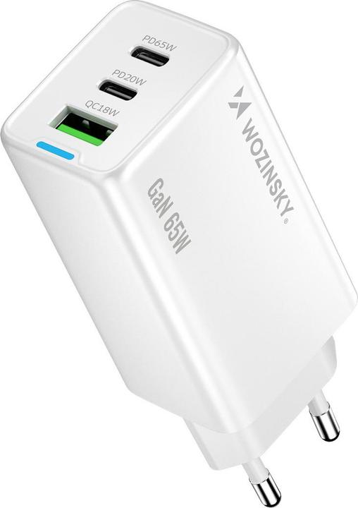 Actual product image Wozinsky GaN 65W Ladegerät mit 2xUSB-C USB-Anschlüssen mit 65W CC-Kabel - Weiss (65 W)