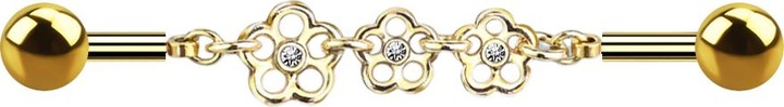 Produktbild Star Piercing Barbell 14k vergoldet Kette mit drei Blumen (Chirurgenstahl 316L, Messing)