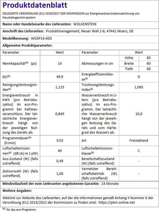 Produktbild Wolkenstein Geschirrspüler WGSP14-6DS