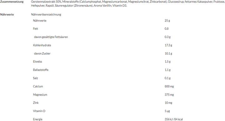 Nährwerte und Zutaten Jemalt Calcium plus (1 Stück, Pulver, 450 g)