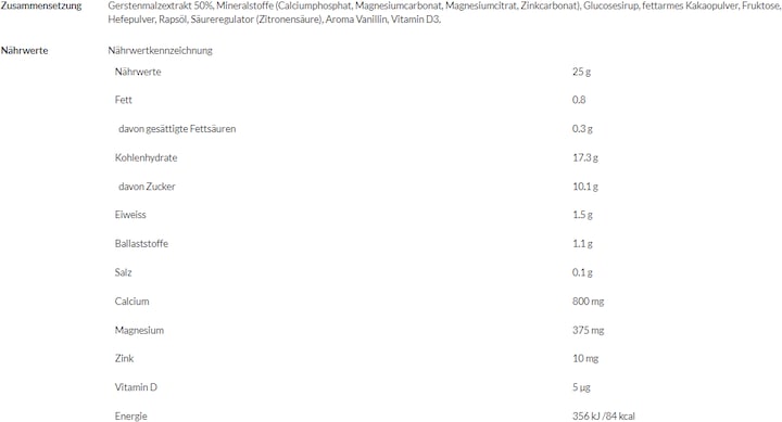 Nutritional values and ingredients Jemalt Calcium plus (1 Piece, Powder, 450 g)