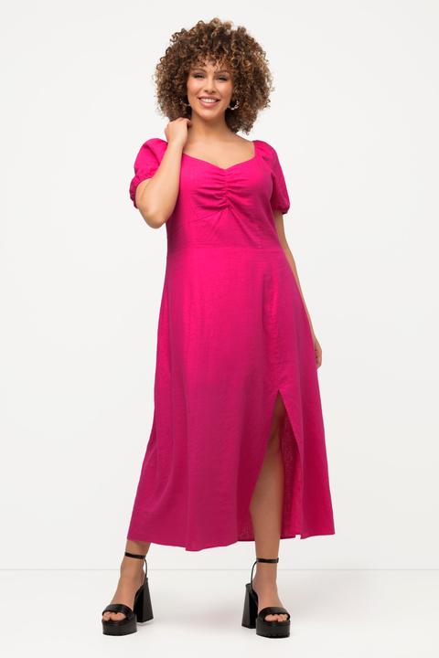 Image du produit Ulla Popken Robe midi en lin mélangé. Manches courtes et décolleté en forme de coeur. Bande smockée dans le dos. (54)