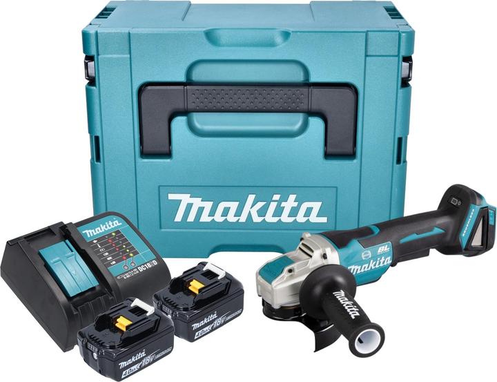 1x smerigliatrice angolare a batteria Makita DGA 520, 1x impugnatura laterale 36 cpl. (158237-4), 1x coperchio di protezione 125 mm (347618-9), 2x batteria ricaricabile Makita BL 1860 B 18 V 6.0 Ah, 1x caricatore Makita DC 18 SD, 1x valigetta Makita Makpac