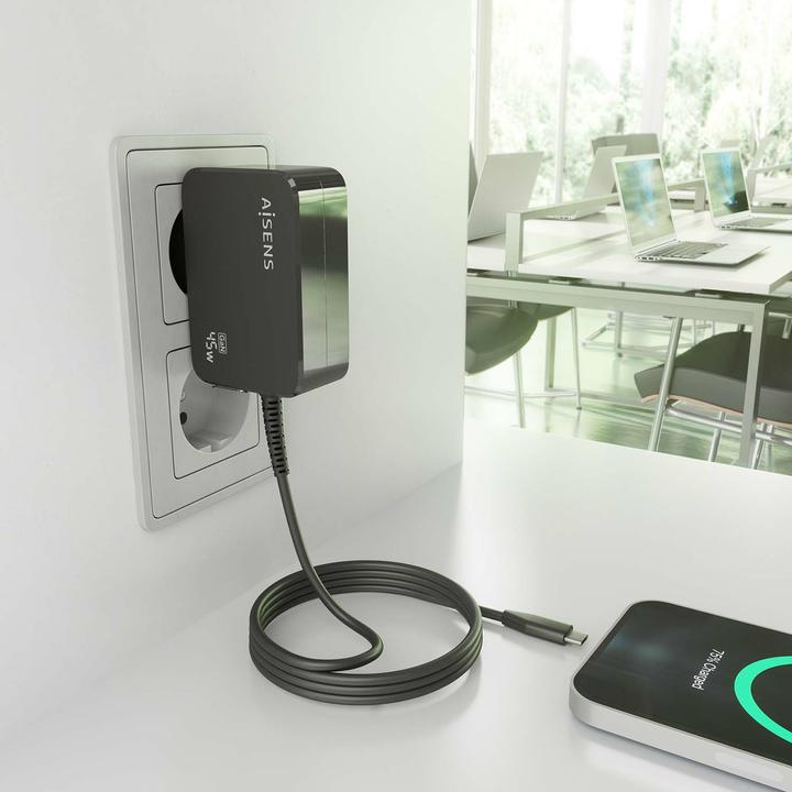 Actual product image Aisens CARGADOR GAN 45W PD3.0 1XUSB-C 1.8M NEGRO (45 W, 1 portion)