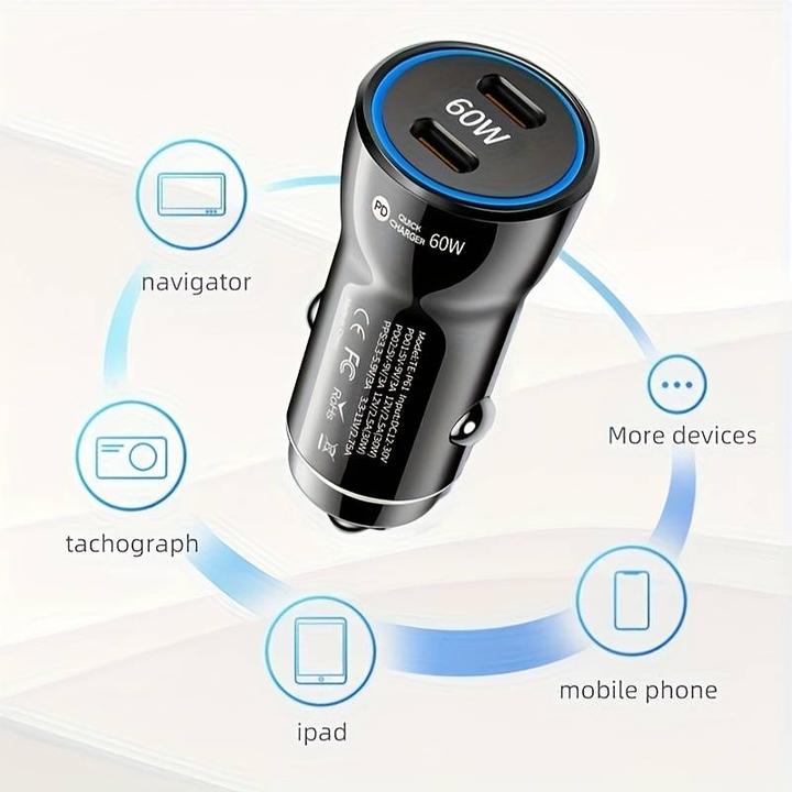 PhoneLook Chargeur double USB-C allume-cigar 60W 2x USB Type-C chargeur avec Power Delivery PD 3.0