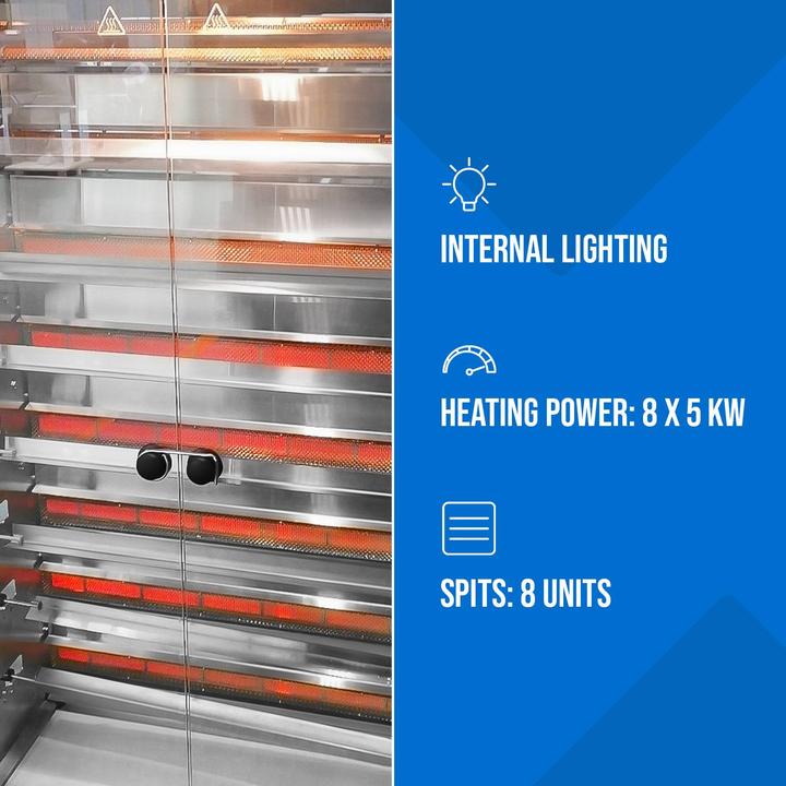 Produktbild Royal Catering Gas-Hähnchengrill 8 Spiesse mit Beleuchtung und Rädern 8 x 5 kW Edelstahl