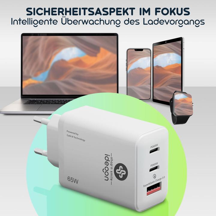 Produktbild Ideoon USB Ladegerät, 3 Ports, 65Watt, 2x USB-C und 1x USB-A, PD- & QC-Netzteil, weiss, GaN II (65 W, 3 Ports)